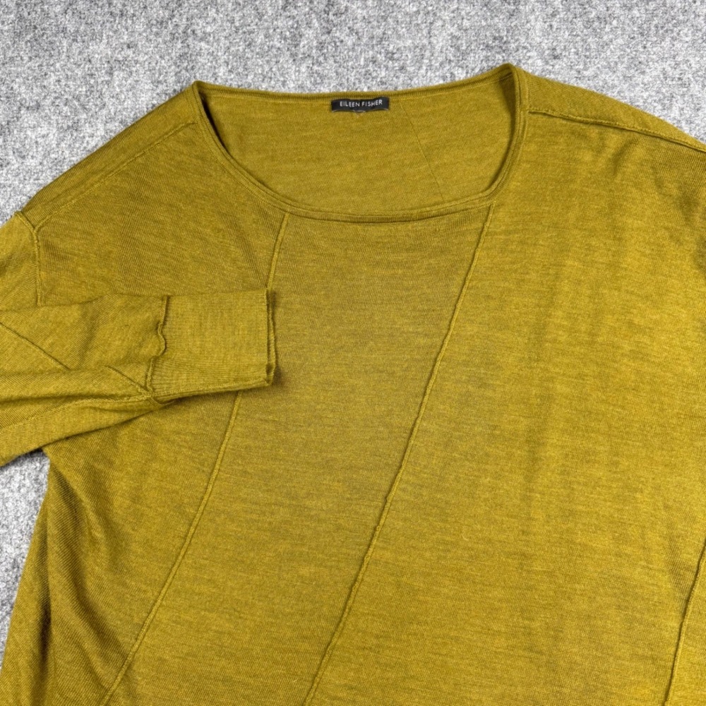 Eileen Fisher Sweater Women XL Green Merino Wool Boxy Asymmetrical Seam Detail